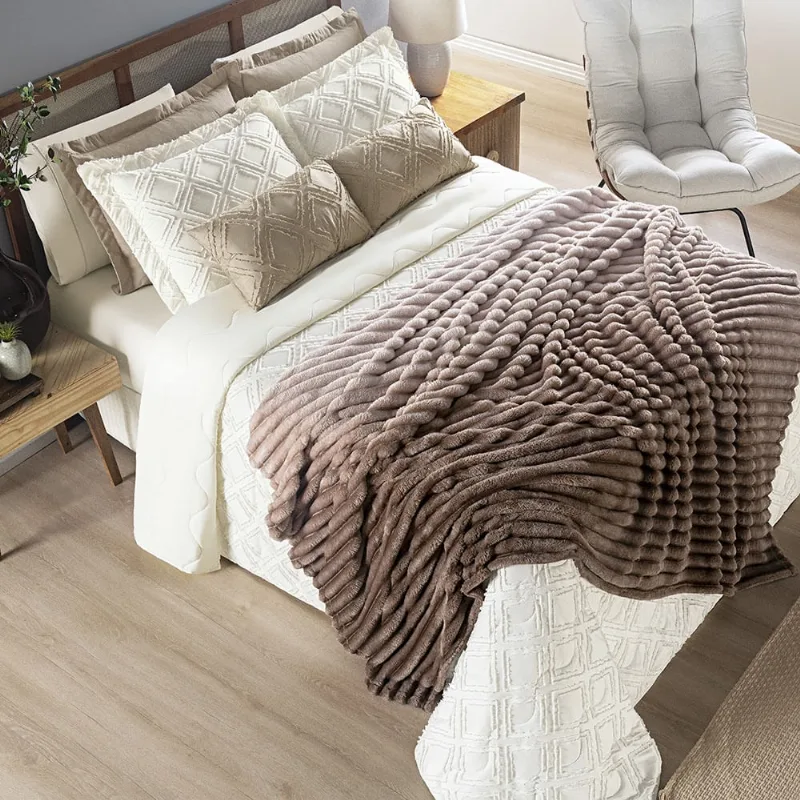 Coordenado Cobre Leito e Cobertor Fluflu Queen Ultrasoft Alto Relevo Dupla Face - Mocassim - 100% Poliéster