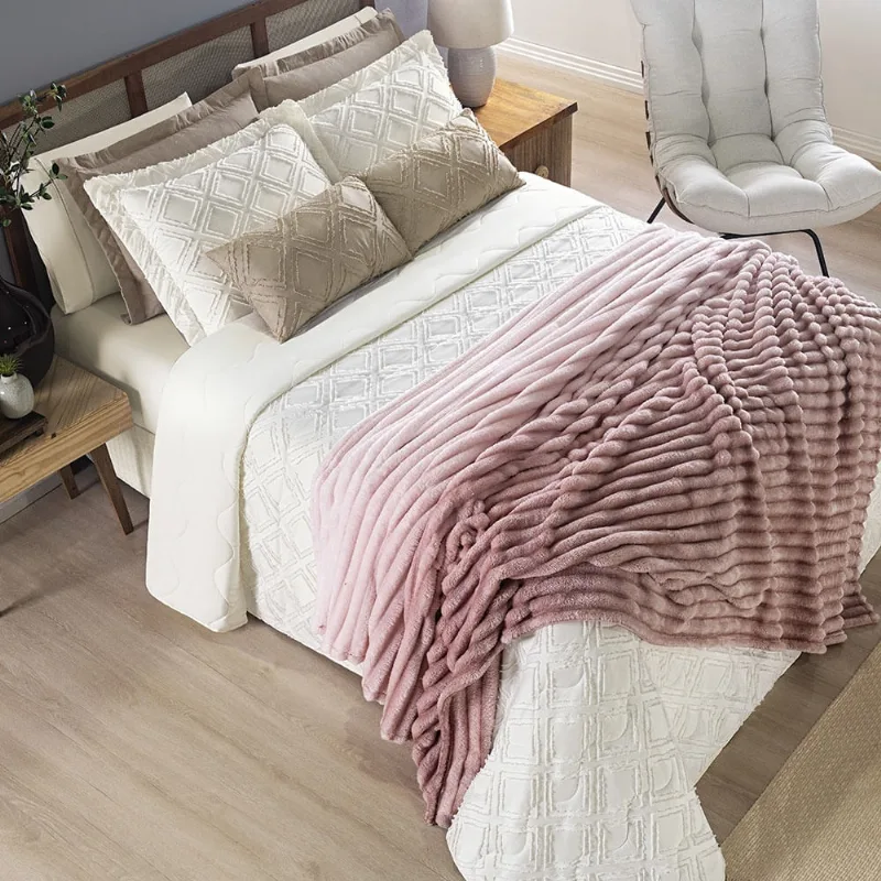 Coordenado Cobre Leito e Cobertor Fluflu Queen Ultrasoft Alto Relevo Dupla Face - Rosê - 100% Poliéster