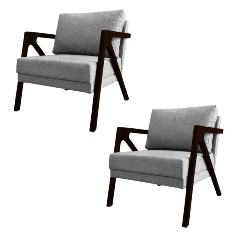 Conjunto 2 Poltronas Sala De Estar Monique Madeira Castanho Cinza Linho - OUTRAS - Móveis