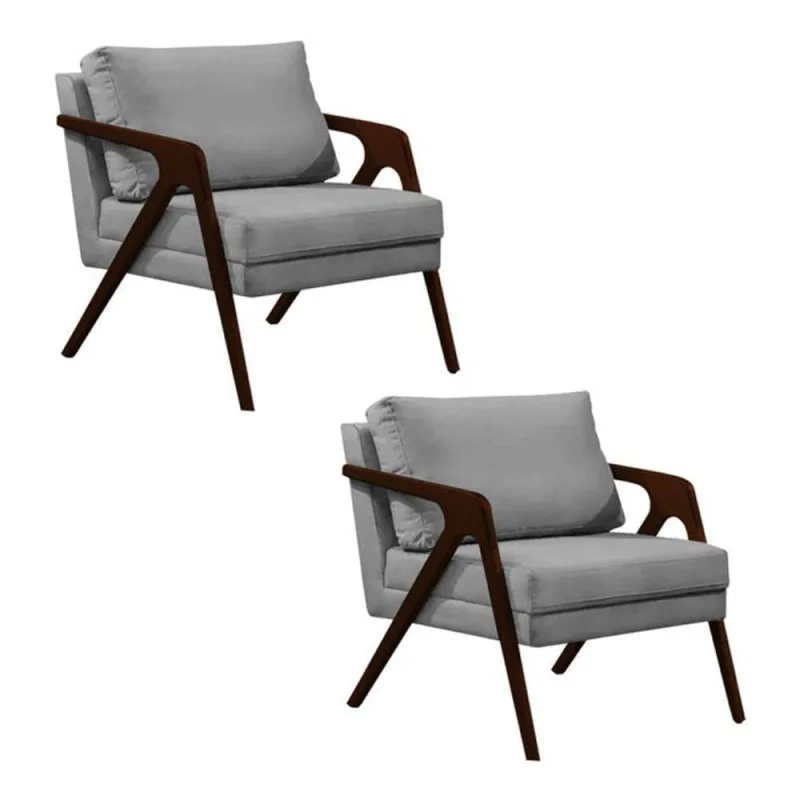 Conjunto 2 Poltronas Sala De Estar Monique Madeira Castanho Cinza Veludo - OUTRAS - Móveis