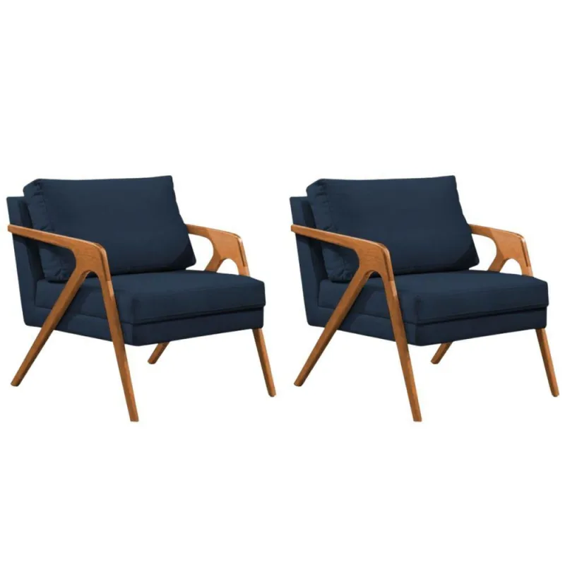 Conjunto 2 Poltronas Sala De Estar Monique Madeira Cerejeira Azul Veludo - OUTRAS - Móveis