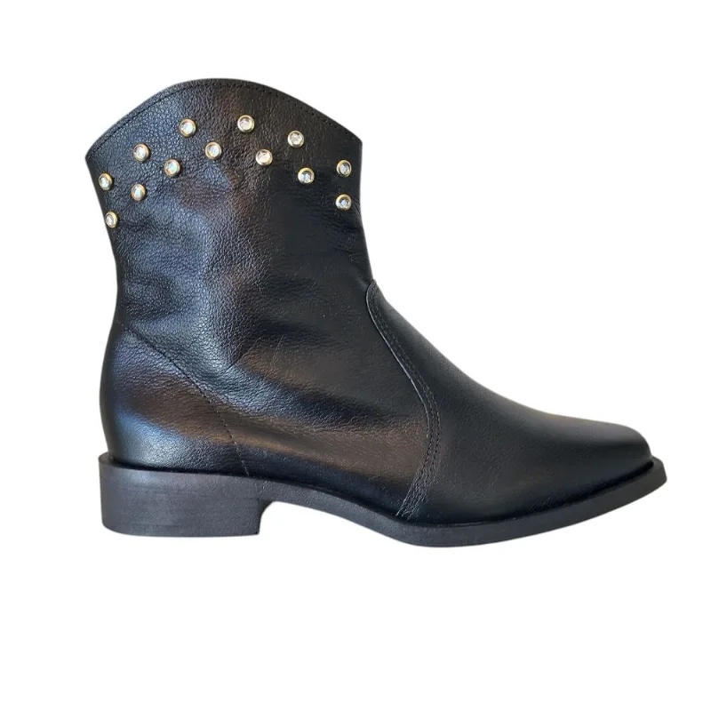 Bota Texana Couro Legítimo Preta Tachas Salto Baixo Cano Médio