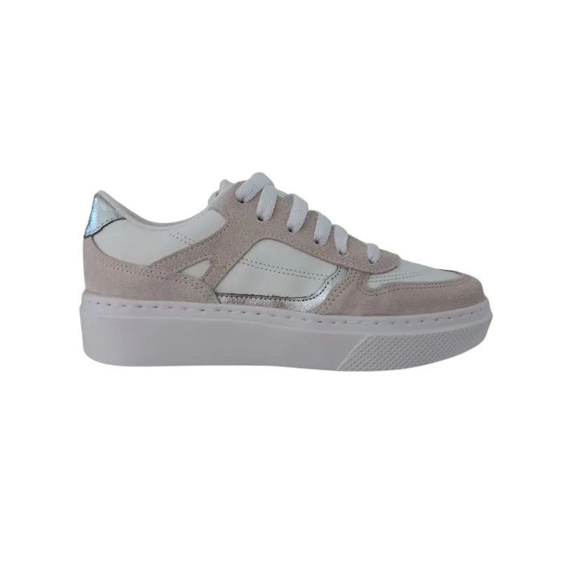 Tênis Casual Feminino Branco Prata Couro Legítimo Flatform
