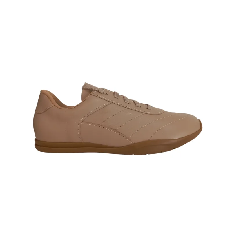 Tênis Feminino Casual Nude Retrô Em Couro Legítimo Clássico