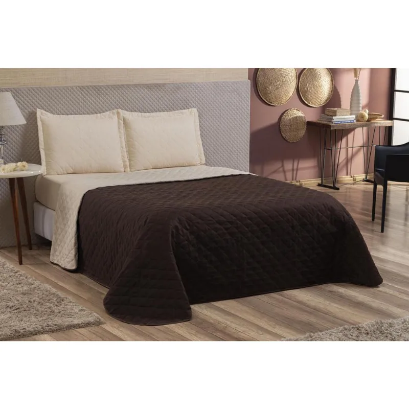 Kit Cobre Leito Colcha Marrom/Cáqui 4 pç Casal Queen Com Lençol