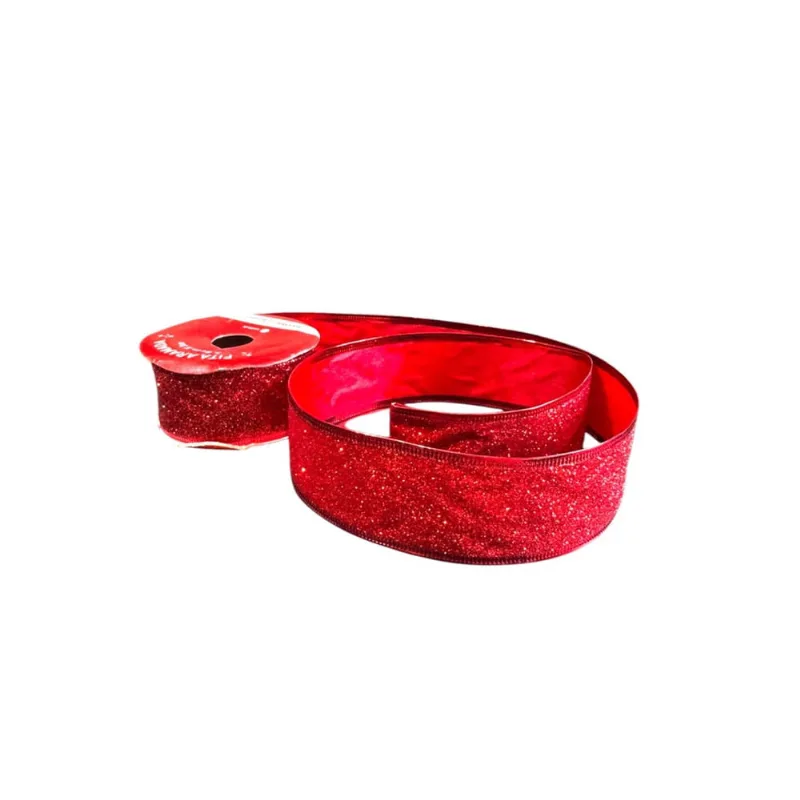 Fita Natalina vermelha com glitter 3.8cm x 3m p/ decoração