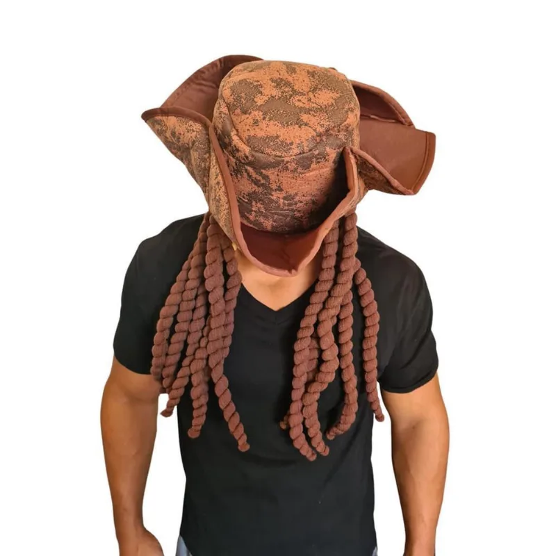 Chapéu Pirata cabelo Dreads de lã Marrom Festa Fantasia