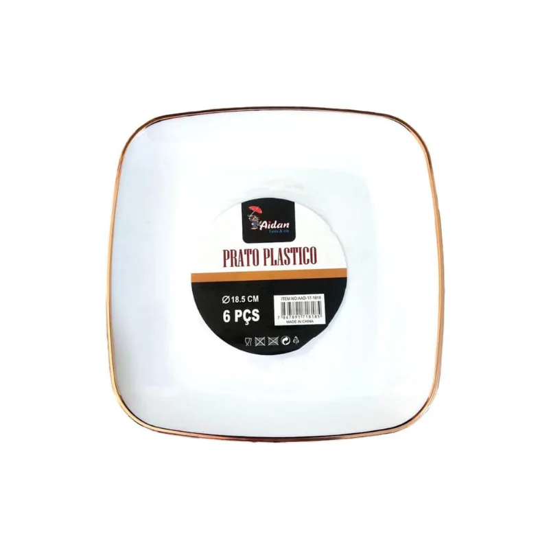 Kit 24 Pratos Quadrados Acrílico Luxo Borda Rosê 18Cm Festa