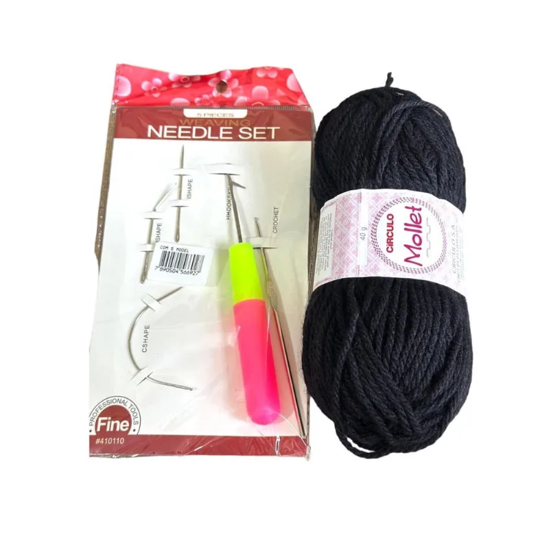 Kit Material Curso De Trança Lã Mollet Preto + Agulhas