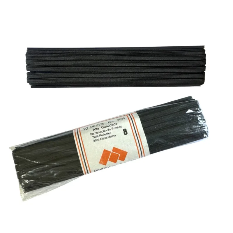 Kit 20un Elástico Chato N8, 5mm, preto poliéster 10 metros