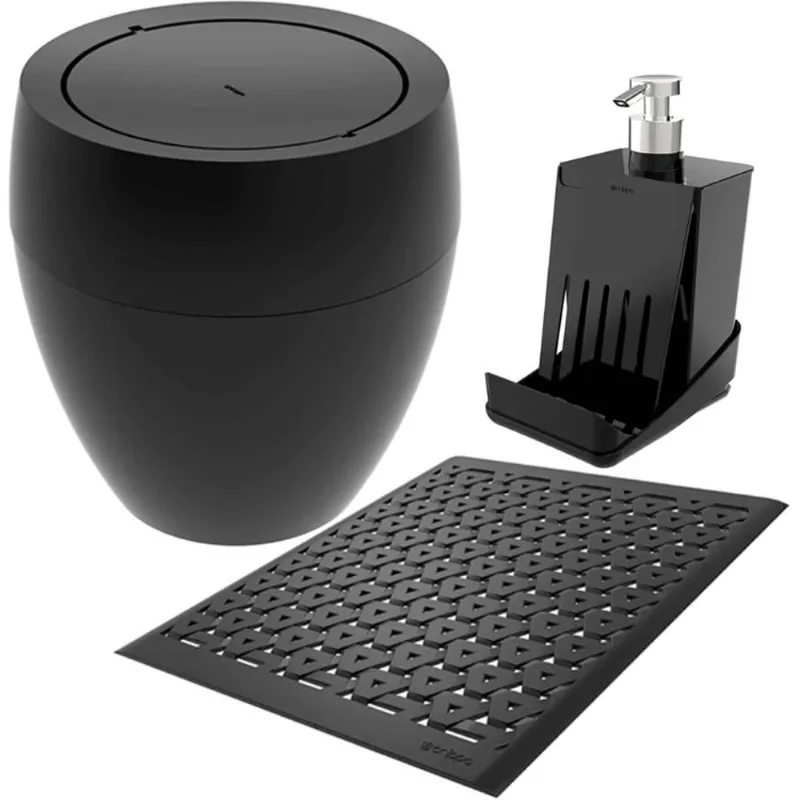 Kit Pia Cozinha Lixeira 9L Grade Protetora Porta Detergente Plástico Preto 3pçs Crippa Smart S