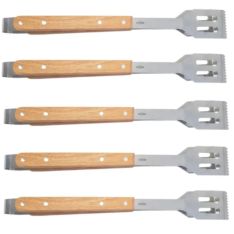 Kit 5 Pegadores de Churrasco Inox 40cm Restaurante Churrascaria Grelha Cabo Madeira