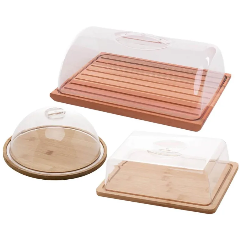 Kit Migalheira Queijeira Porta Frios Bambu com Tampa Acrílica Mesa Posta Café