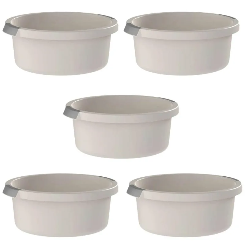 Conjunto 5 Bacias 5L Flow Pega Ergonômica Bege Resistente OU para Cozinha e Lavanderia