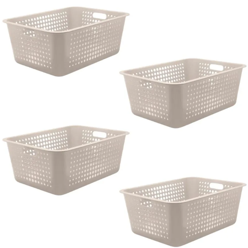 Kit 4 Caixas Organizadoras 40l Maxi Bege Cesto Plástico com Alça Lateral Multiuso Organizador Ou