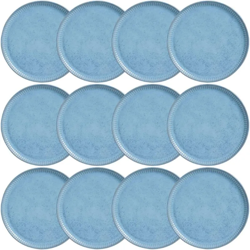 Kit 12 Pratos Cerâmica Azul Rasos 27cm Porto Brasil Linhas Breeze Mesa Posta Jantar