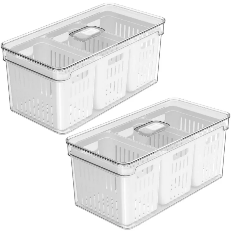 Kit 2 Organizadores de Geladeira 5l Clear Fresh 3 Cestos Ou Cozinha Frutas Legumes