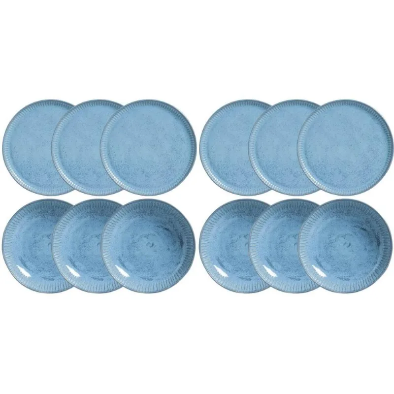 Conjunto 12 Pratos Rasos e Fundos Cerâmica Azul Breeze Porto Brasil Mesa Posta