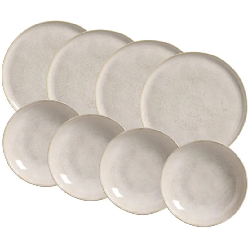 Kit 4 Pratos Fundos 22cm e 4 Rasos 27cm Cerâmica Off White Bio Latte Mesa Jantar Porto Brasil