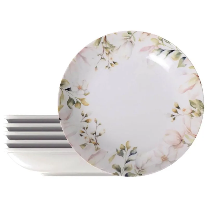 Jogo 6 Pratos Fundos 22cm Porcelana Tramontina Magnólia Sopas Caldos Mesa Posta