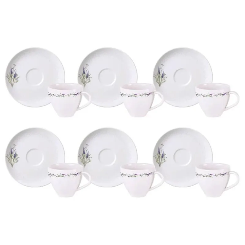 Jogo 6 Xícaras de Café com Pires Porcelana 100ml Tramontina Lilla Branca Decorada
