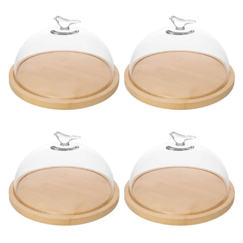 Kit 4 Porta Queijos de Bambu com Cúpula Vidro Queijeira Bird Tábua Frios Wolff