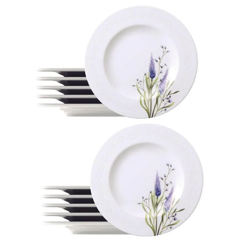 Jogo 12 Pratos de Sobremesa Porcelana Branca 21cm Tramontina Lilla Floral Restaurante Mesa Posta