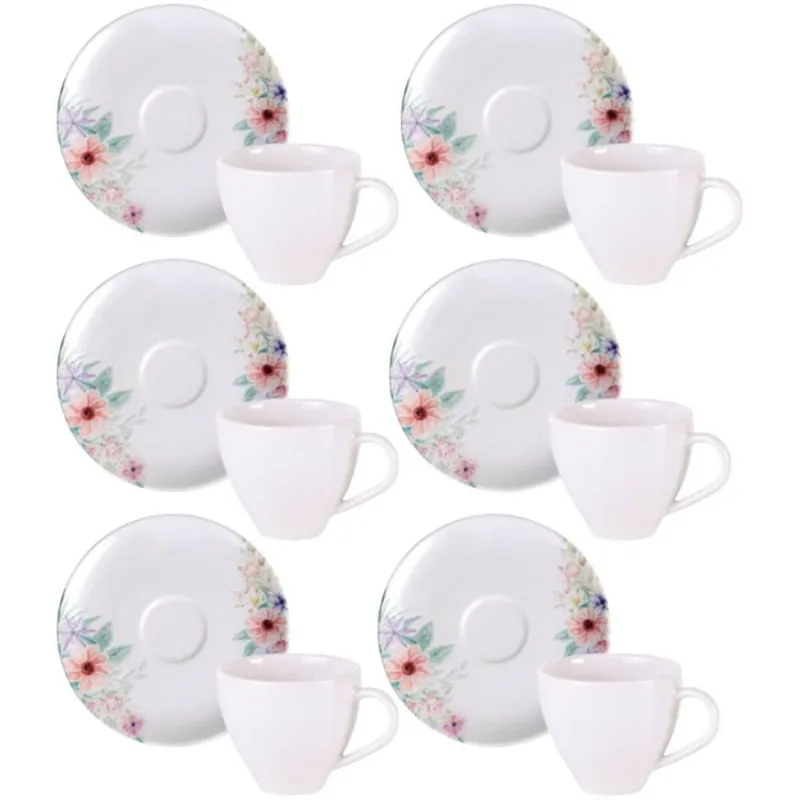 Jogo 6 Xícaras de Café com Pires 100ml Tramontina Floratta Porcelana Cozinha Mesa Posta