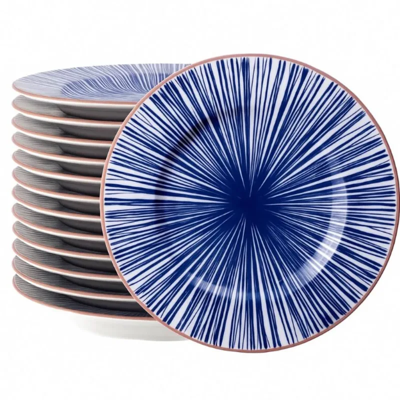 Jogo 12 Pratos Rasos Porcelana Decorada Azul Tramontina Abstratta Restaurante Hotel