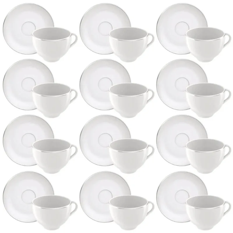 Kit 12 Xícaras de Chá Café com Pires Porcelana 185ml Tramont