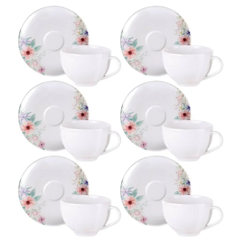 Jogo 6 Xícaras com Pires Chá Café 250ml Tramontina Floratta Porcelana Floral Servir Mesa Posta
