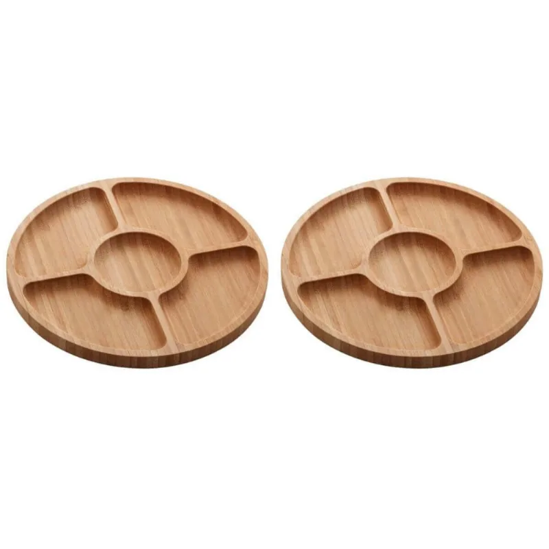 Kit 2 Petisqueiras de Bambu 5 Divisórias 25cm Lyor Round Aperitivos Tábua Redonda Servir Petiscos