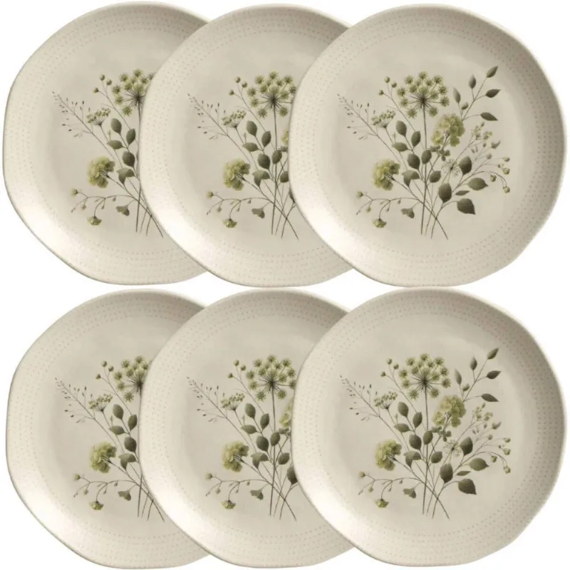 Kit 6 Pratos de Sobremesa Ammi Orgânico Cerâmica 19,5cm Floral Porto Brasil