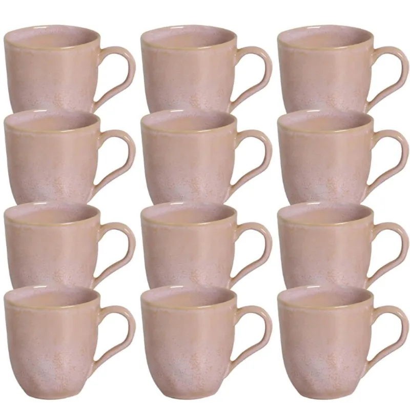 Jogo Mesa Posta Porto Brasil 12 Xicaras 273ml Cerâmica Rosa Orgânico Litchi Café da Manhã