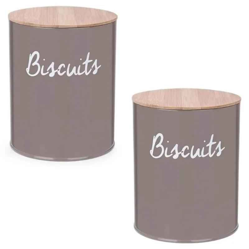 Kit 2 Lata para Biscoitos Bolacha Pote Hermético Porta Mantimentos Tampa de Bambu Biscuit Cinza