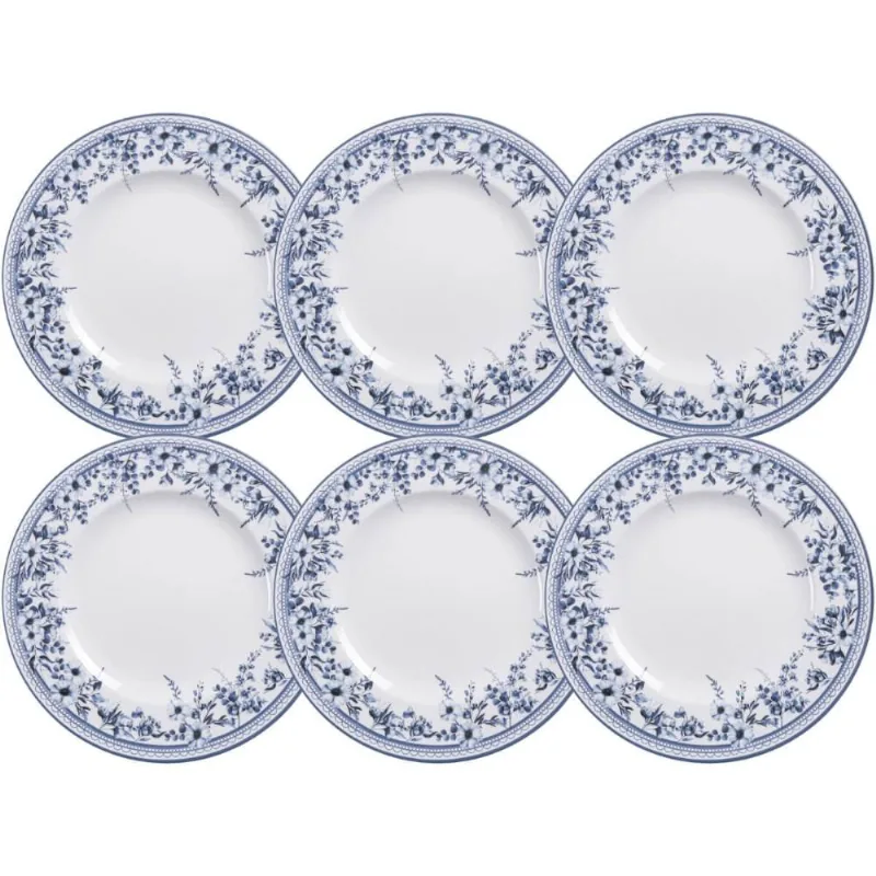 Jogo 6 Pratos Rasos Jantar 28cm Tramontina Azzura Porcelana Decorada Floral Azul Mesa Posta
