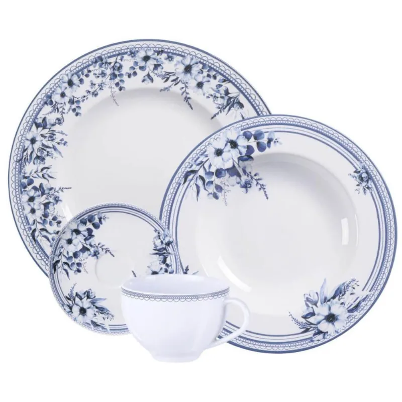 Aparelho de Jantar em Porcelana Decorada 24 Peças Tramontina Azzura 6 pessoas Mesa Posta