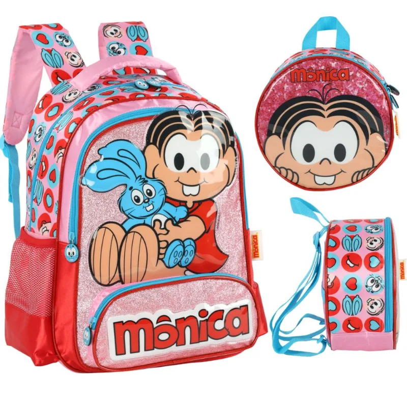 Kit Mochila Escolar Costas e Lancheira Turma da Mônica Rosa - Luxcel