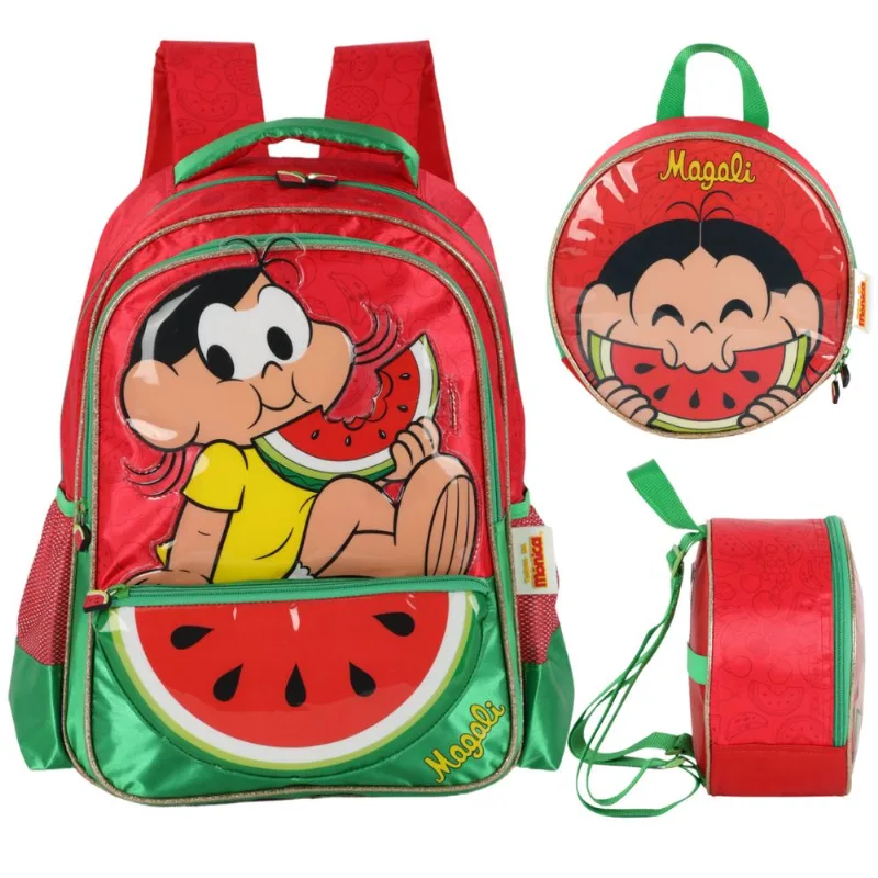 Kit Mochila Escolar Costas e Lancheira Turma da Mônica Magali Vermelho - Luxcel