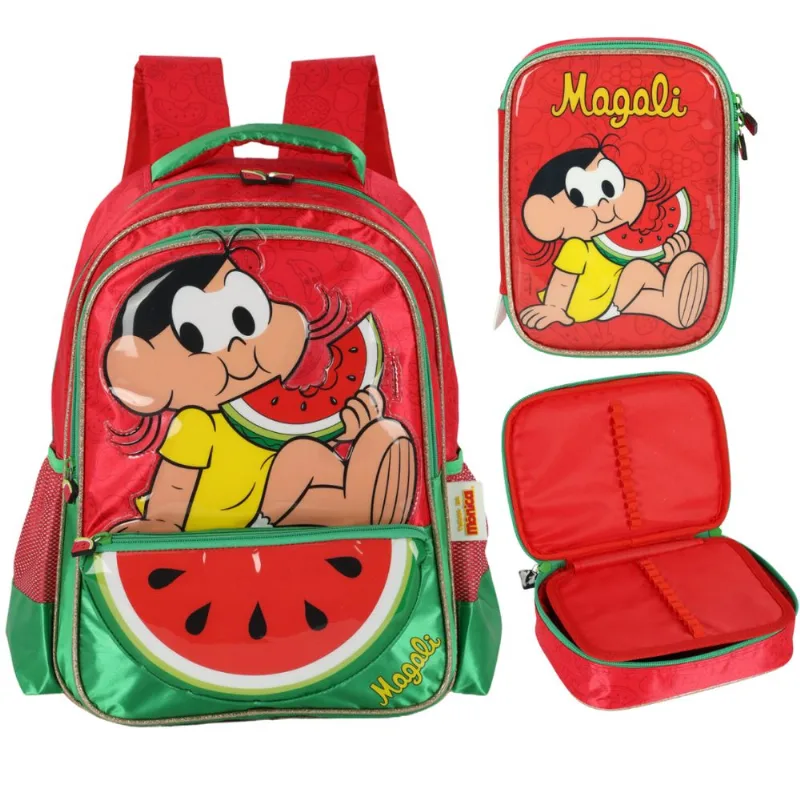 Kit Mochila Escolar Costas e Estojo Box Turma da Mônica Magali Vermelho - Luxcel
