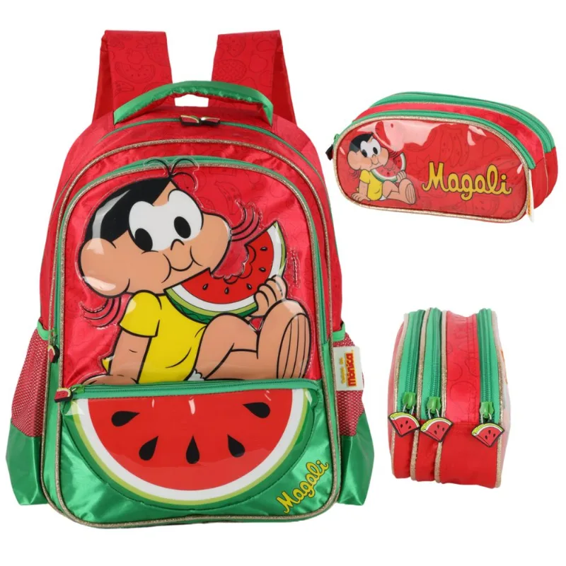 Kit Mochila Escolar Costas e Estojo Triplo Turma da Mônica Magali Vermelho - Luxcel