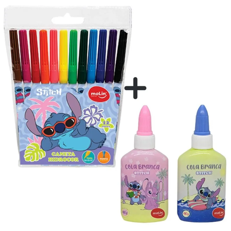 Kit Canetinha 12 cores + 2 Cola Escolar Stitch Disney Molin