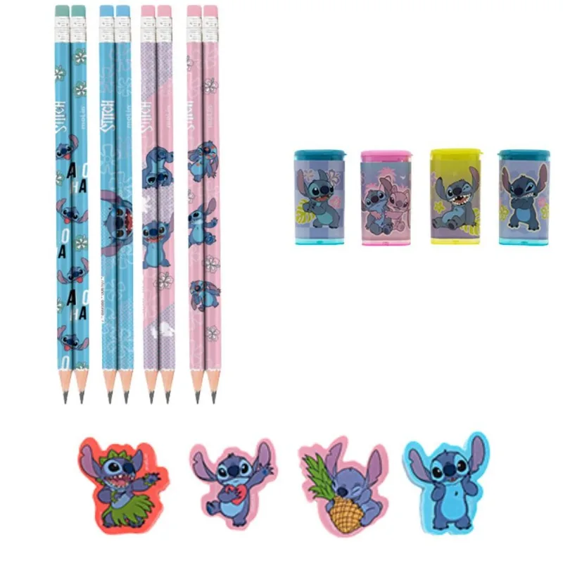 Kit 4 Lápis 2 Borrachas 2 Apontadores Escolar Stitch - Molin