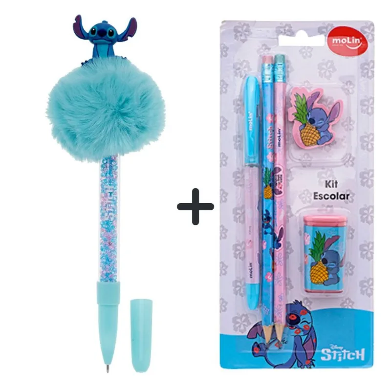 Kit Escolar Infantil 5 peças + Caneta Pompom Stitch - Molin