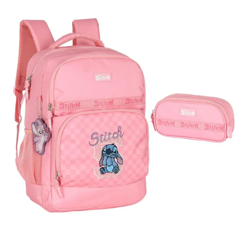 Kit Mochila de Costas e Estojo Triplo Stitch Kisses Rosa - Luxcel