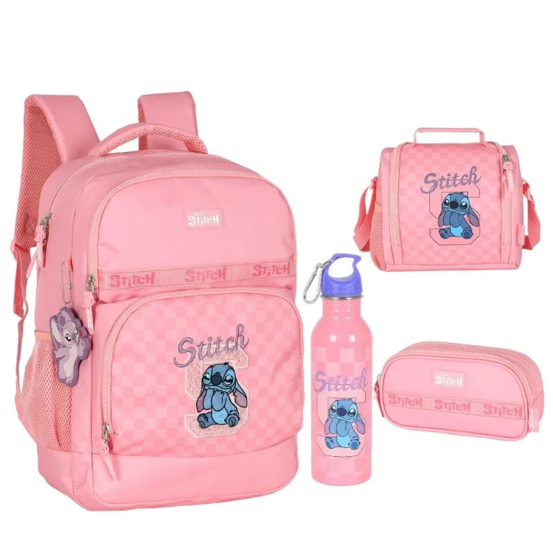 Kit Mochila de Costas, Estojo, Lancheira e Squeeze Stitch Kisses Rosa - Luxcel
