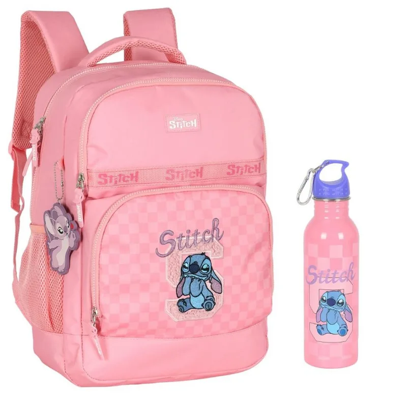 Kit Mochila Escolar de Costas e Squeeze Stitch Kisses Rosa - Luxcel