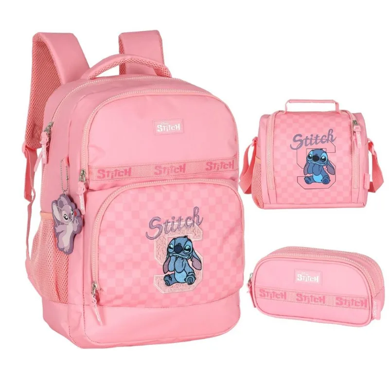 Kit Mochila de Costas, Estojo e Lancheira Stitch Kisses Rosa - Luxcel