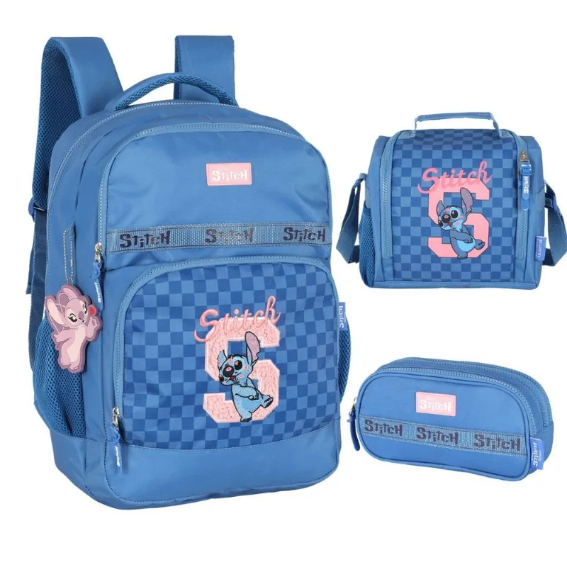 Kit Mochila de Costas, Estojo e Lancheira Stitch Kisses Azul - Luxcel