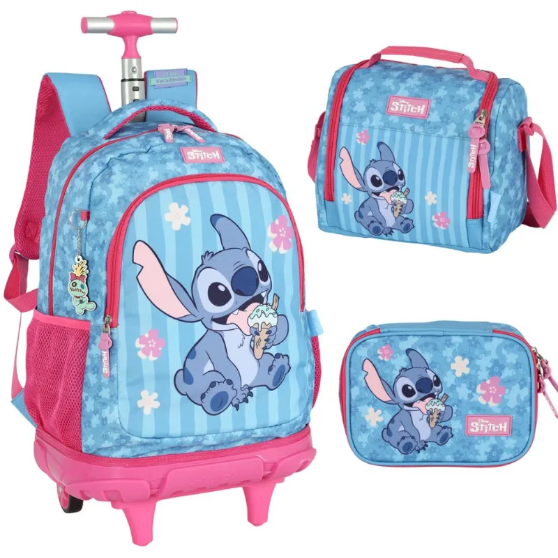 Mochila Rodinha, Estojo E Lancheira Stitch e Angel Scrump Pink - Luxcel